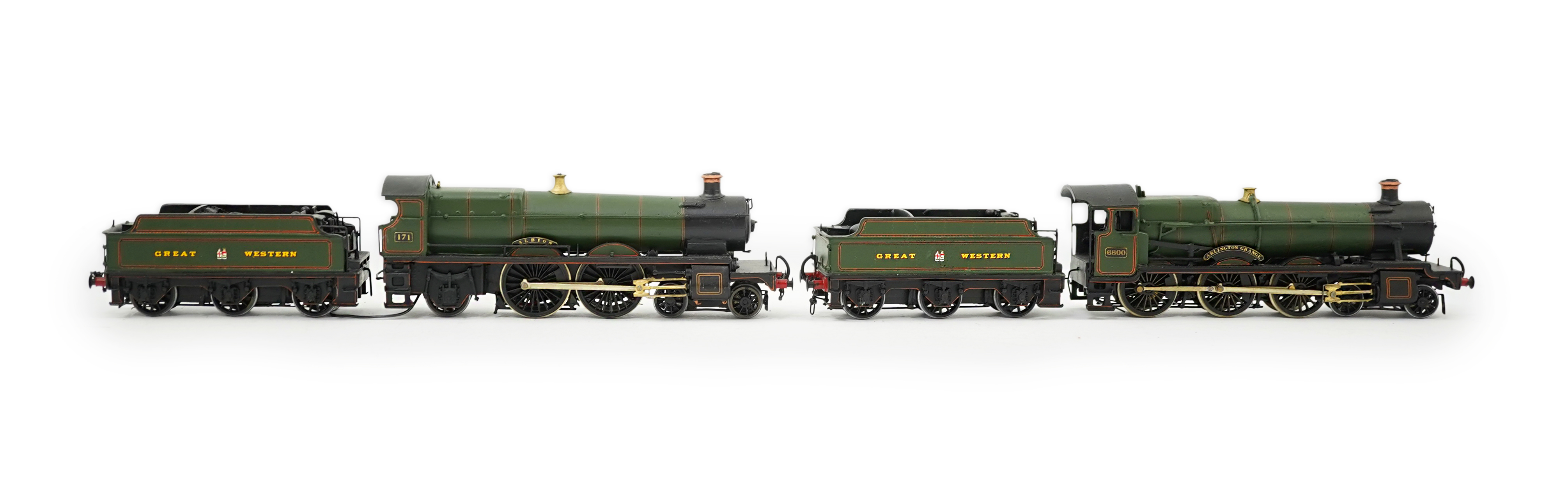 Two 00 gauge brass and white metal kit built GWR tender locomotives; a 2900 class 4-4-2, 171, together with a Grange class 4-6-0, Arlington Grange 6800, constructed, painted and lined to a high standard, both motored for